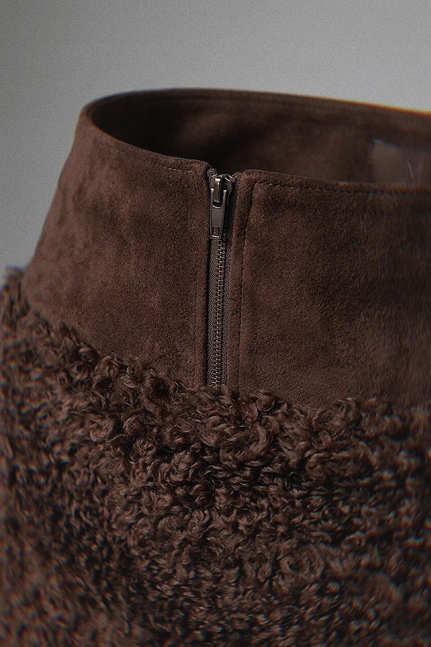 Brown Faux Fur Mini Skirt - High Waisted Faux Suede & Curly Sherpa Fleece Contrast Skirt