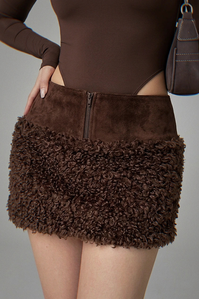 Brown Faux Fur Mini Skirt - High Waisted Faux Suede & Curly Sherpa Fleece Contrast Skirt