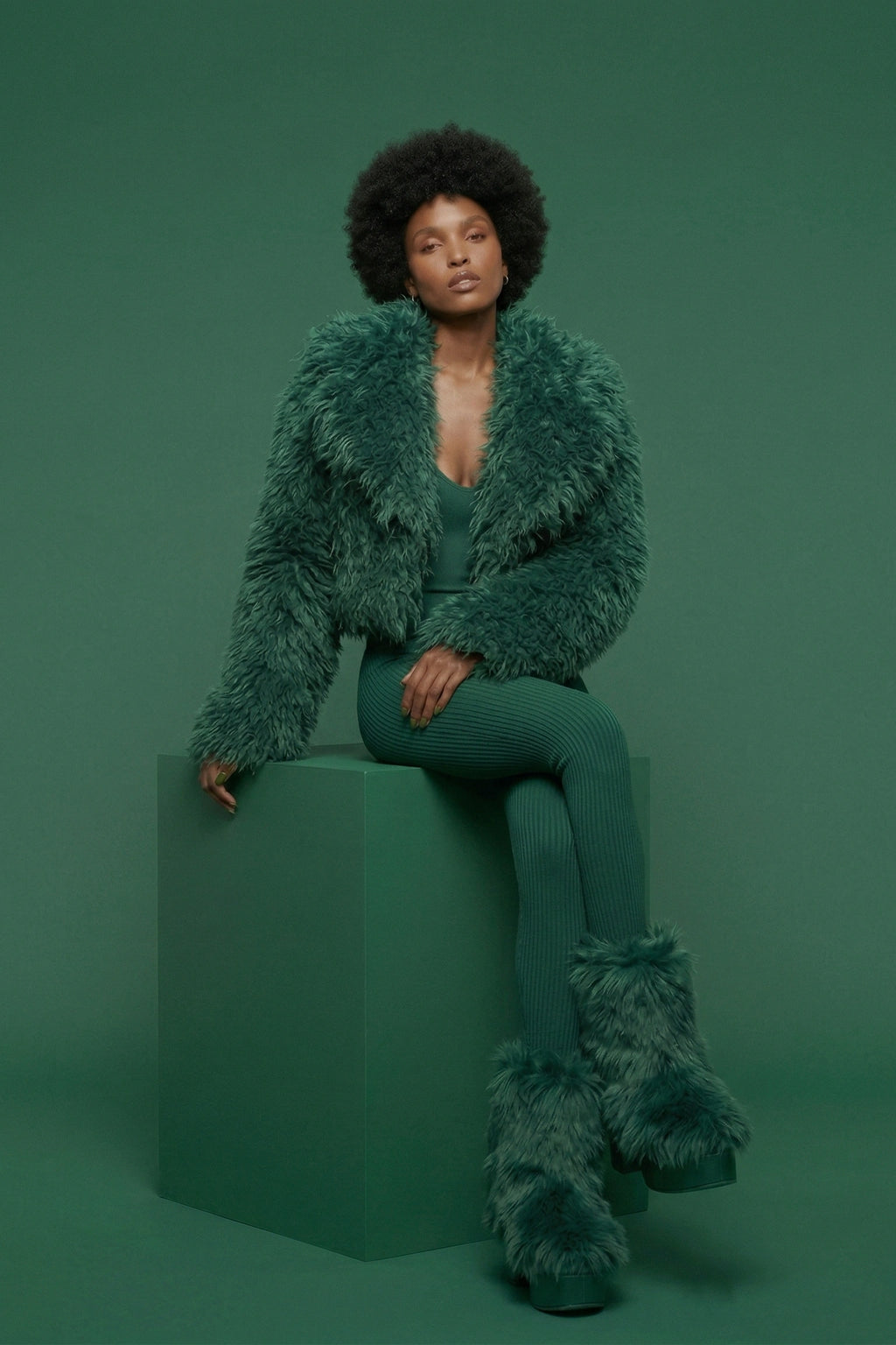 Emerald Shag Faux Fur 3-Piece Statement Set - Cropped Jacket, Ribbed Bodysuit & Matching Leg Warmers