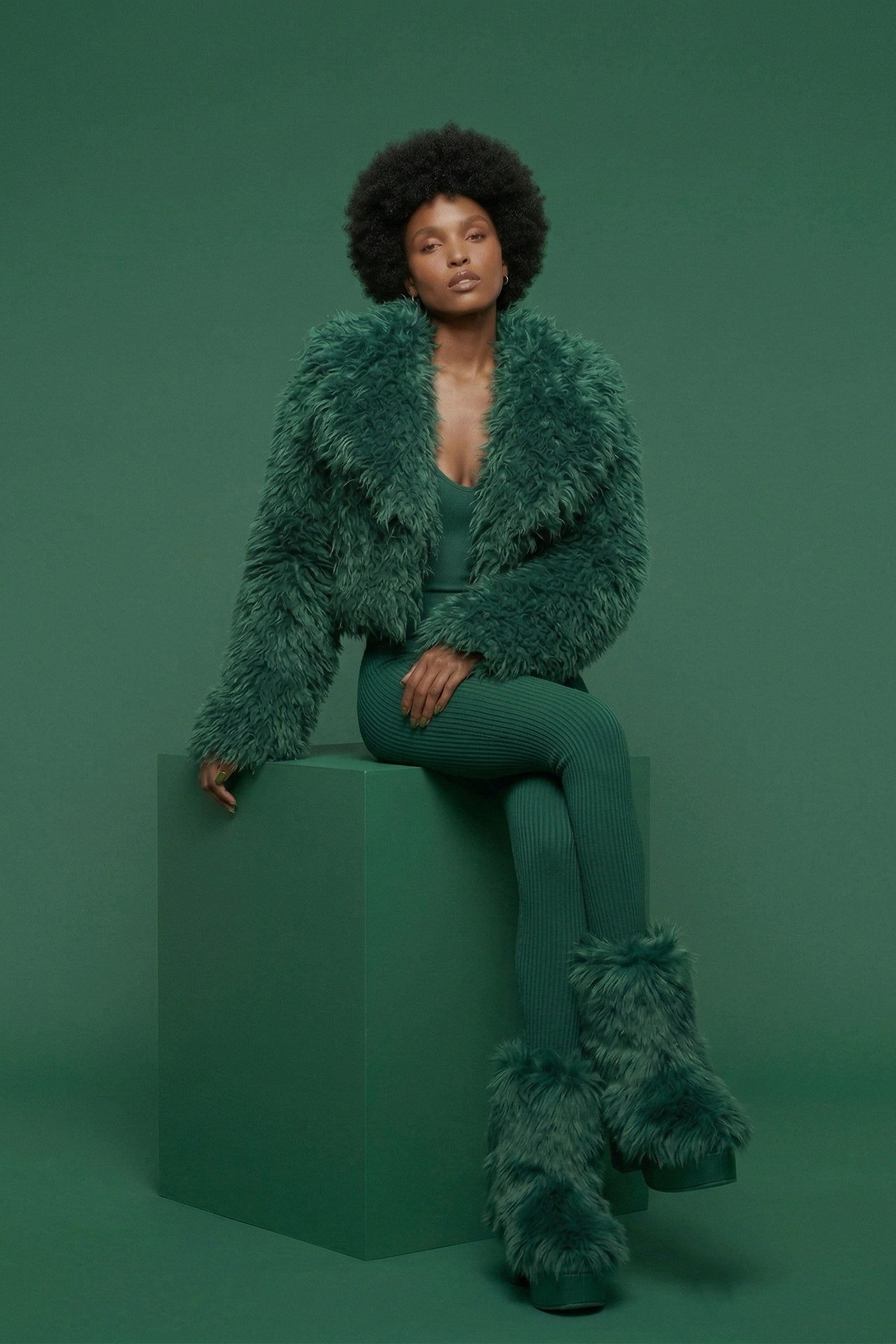 Emerald Shag Faux Fur 3-Piece Statement Set - Cropped Jacket, Ribbed Bodysuit & Matching Leg Warmers