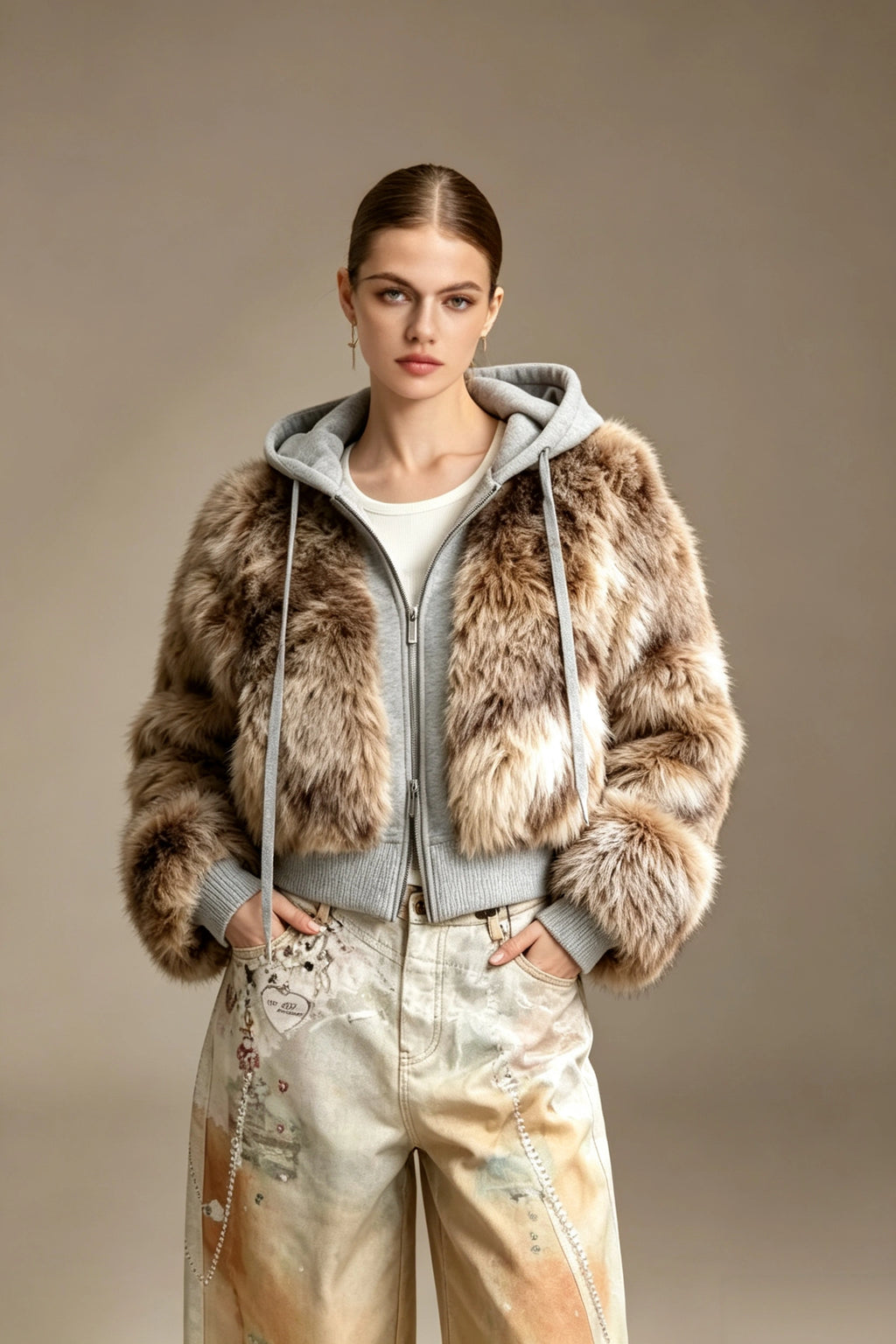 Two‑Layer Mixed Faux Fur Hooded Cropped Jacket Sweatshirt Combo Design