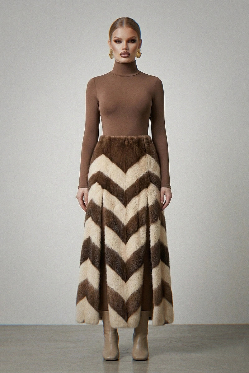 Chevron Color-Block Faux Fur Maxi Skirt - Brown & Cream High-Slit Long Skirt