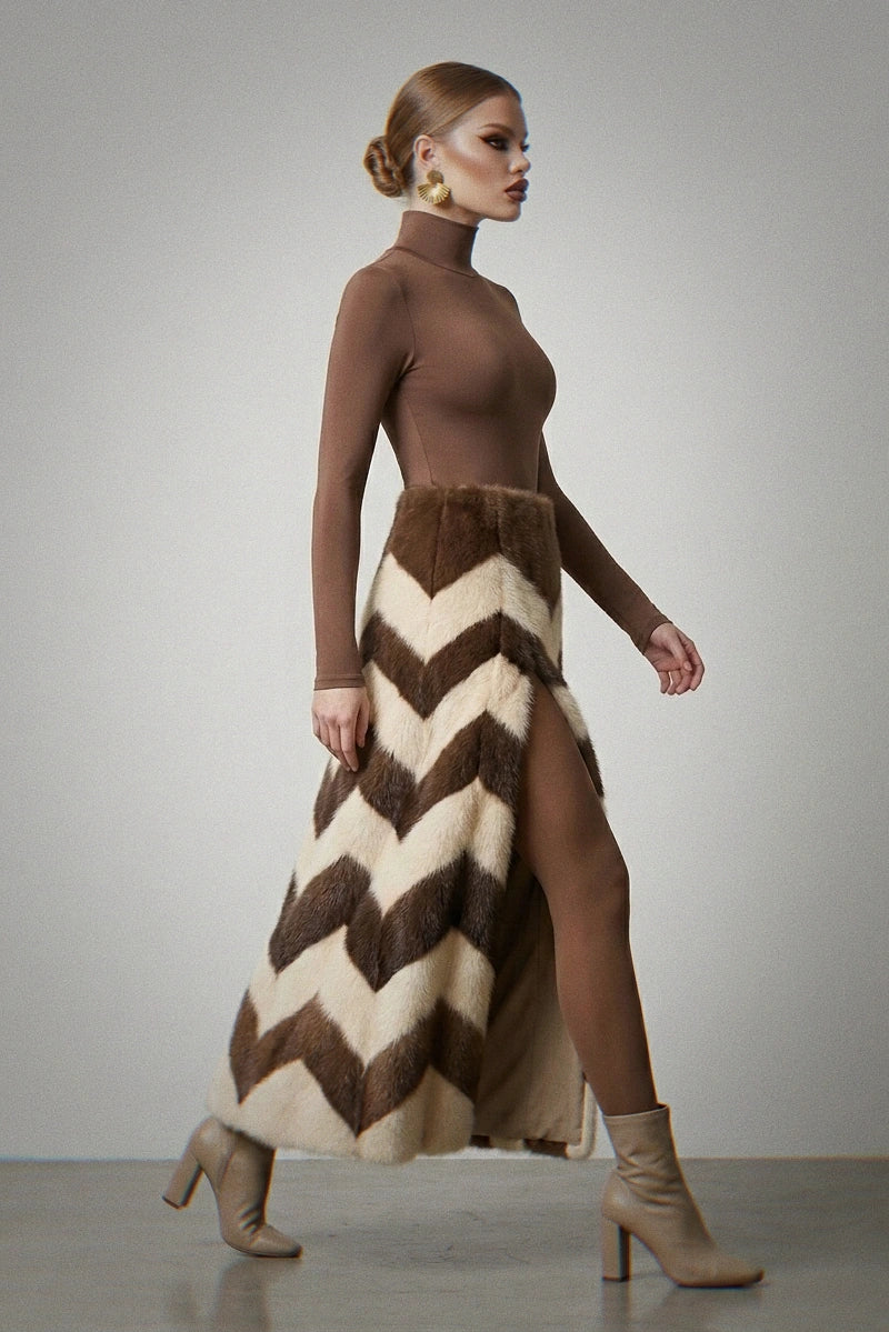 Chevron Color-Block Faux Fur Maxi Skirt - Brown & Cream High-Slit Long Skirt