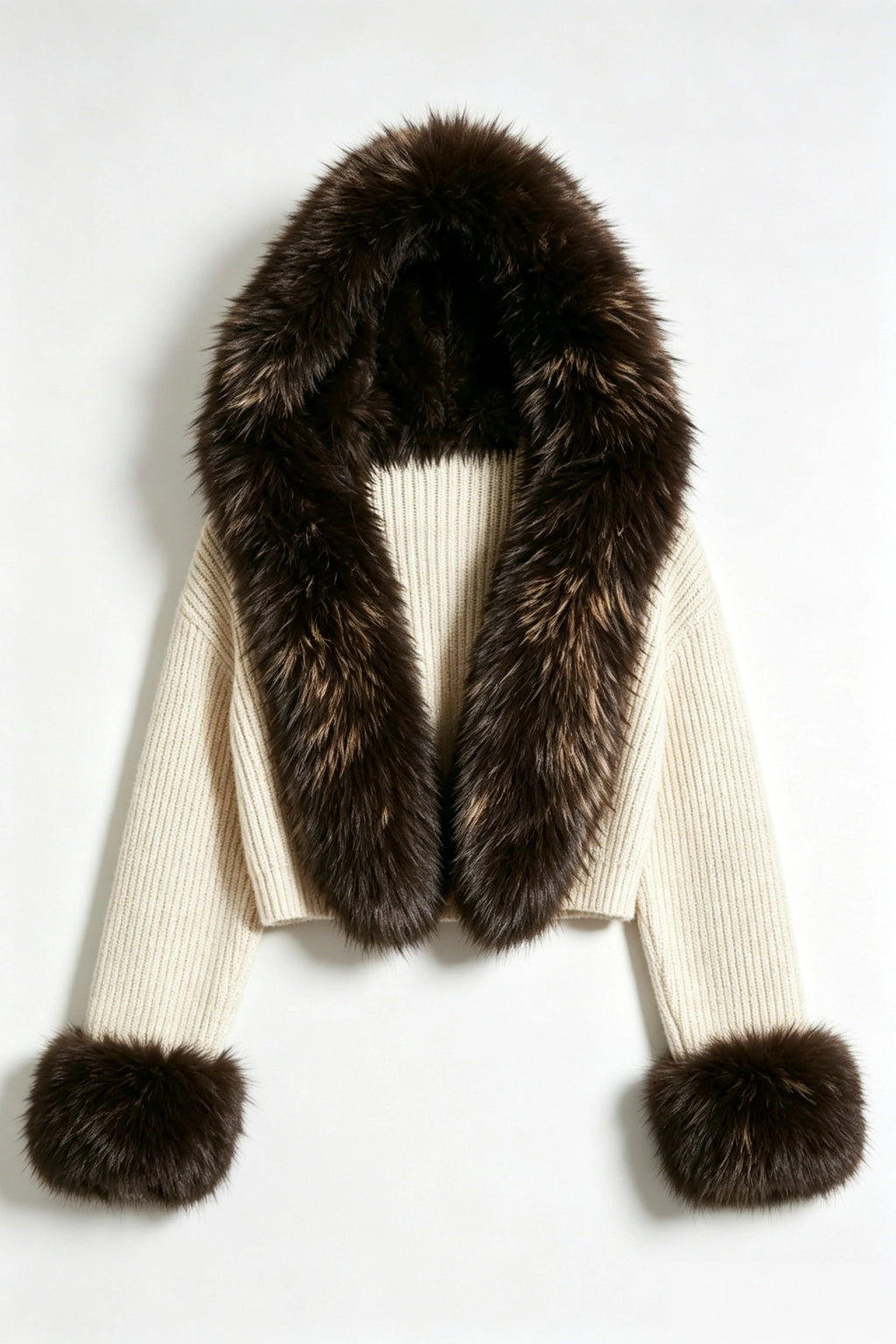 Cream Cropped Knit Hooded Cardigan with Oversized Faux Fur Collar & Cuffs