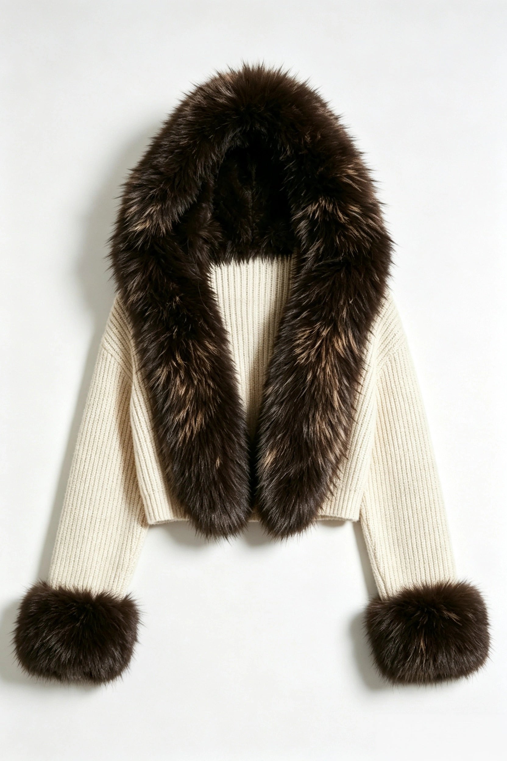 Cream Cropped Knit Hooded Cardigan with Oversized Faux Fur Collar & Cuffs