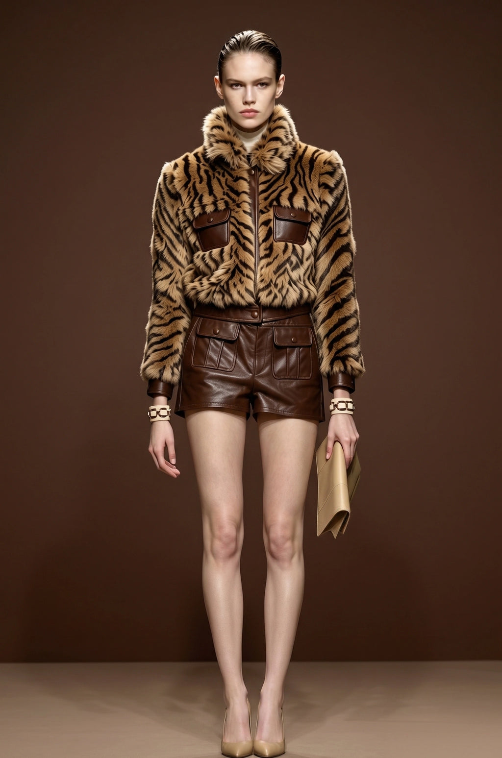 Tiger Print Faux Fur Cropped Jacket & Faux Leather Shorts Co‑ord Set