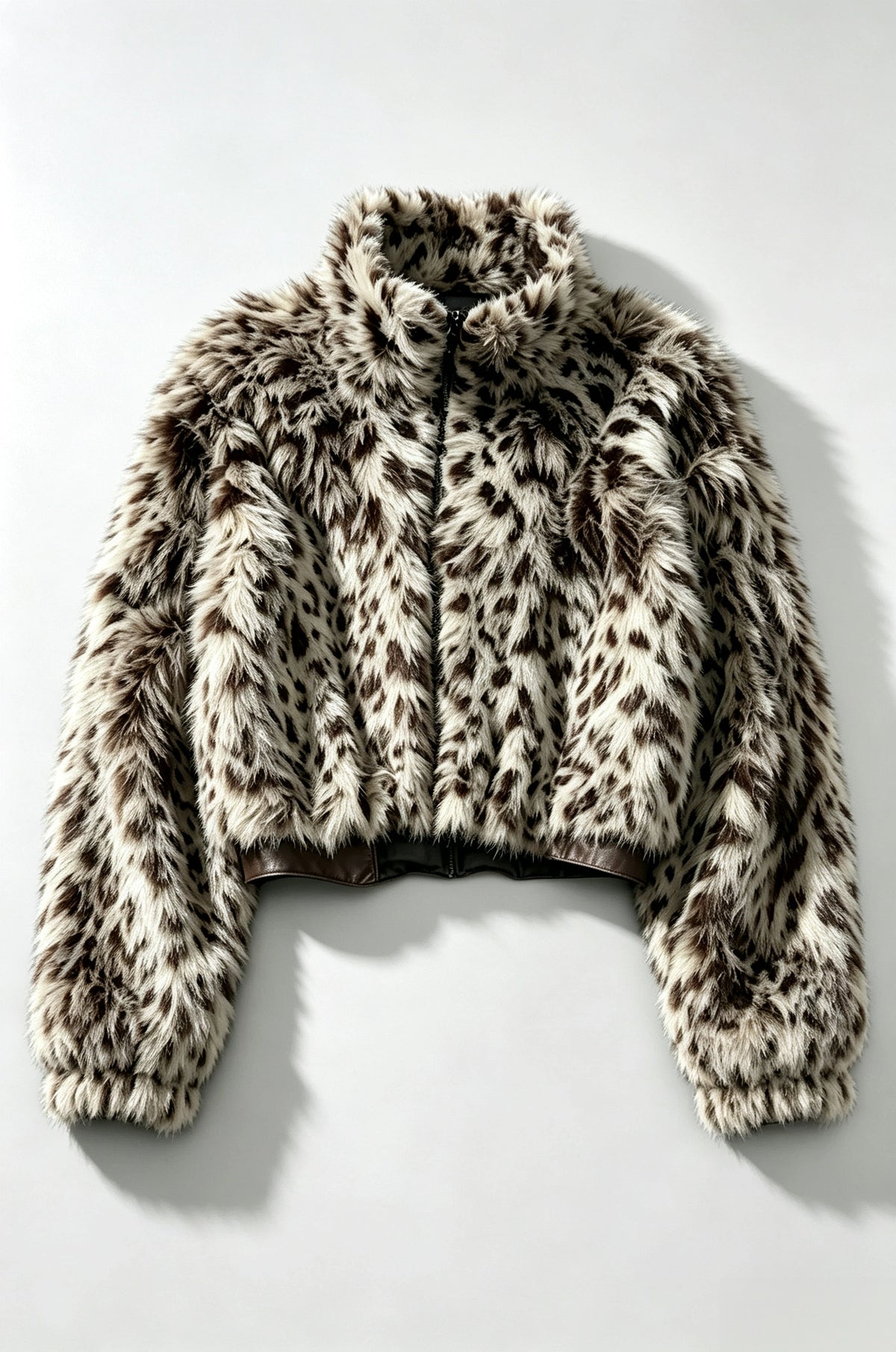 Snow Leopard Print Faux Fur Cropped Stand Collar Jacket