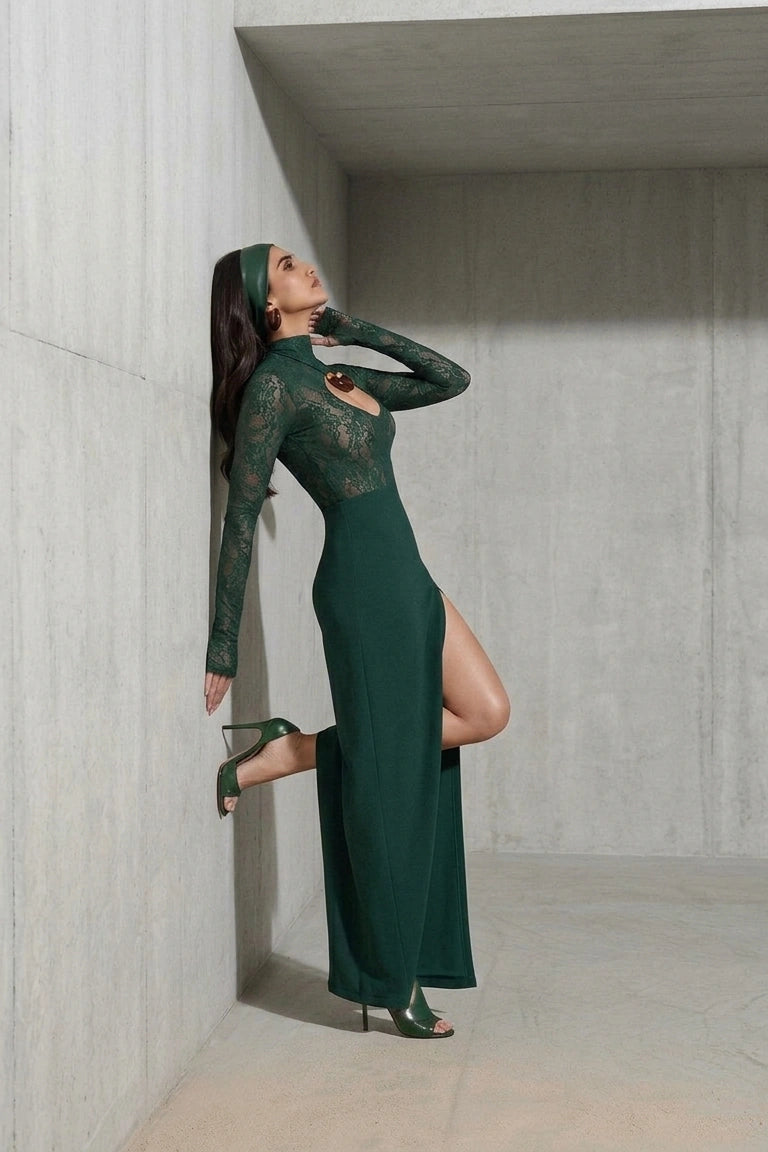 Emerald Night Lace-Spliced Maxi Dress - High-Slit Couture Gown with Cut-Out Detail