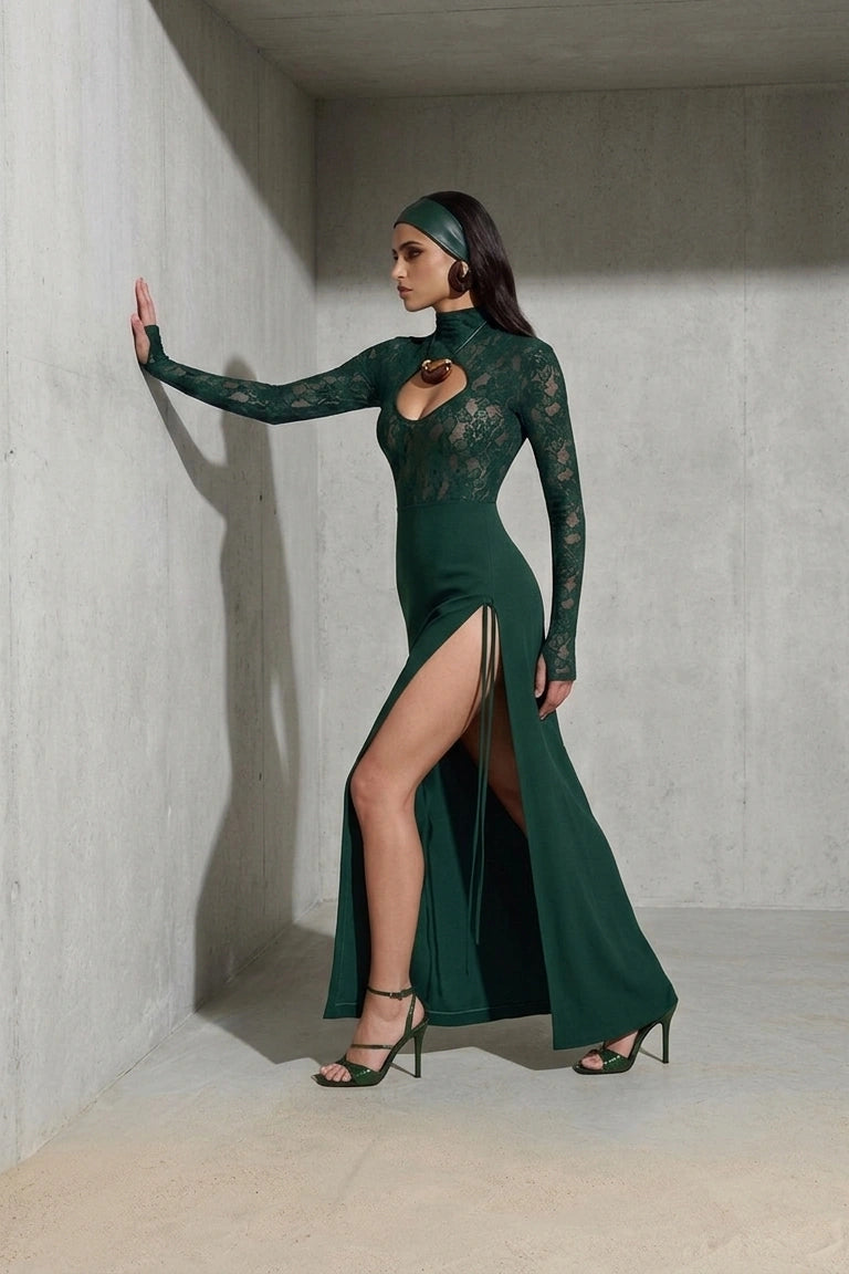 Emerald Night Lace-Spliced Maxi Dress - High-Slit Couture Gown with Cut-Out Detail