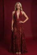 Scarlet Enchantment Lace Sequin Gown - Illusion Halter Neck & Backless Floor-Length Dress