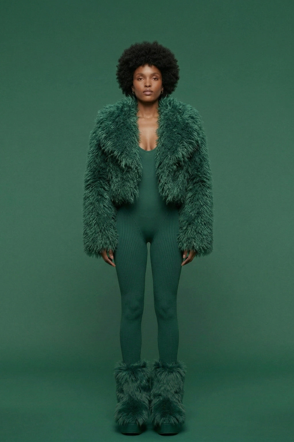 Emerald Shag Faux Fur 3-Piece Statement Set - Cropped Jacket, Ribbed Bodysuit & Matching Leg Warmers