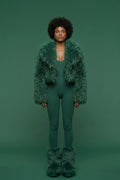 Emerald Shag Faux Fur 3-Piece Statement Set - Cropped Jacket, Ribbed Bodysuit & Matching Leg Warmers