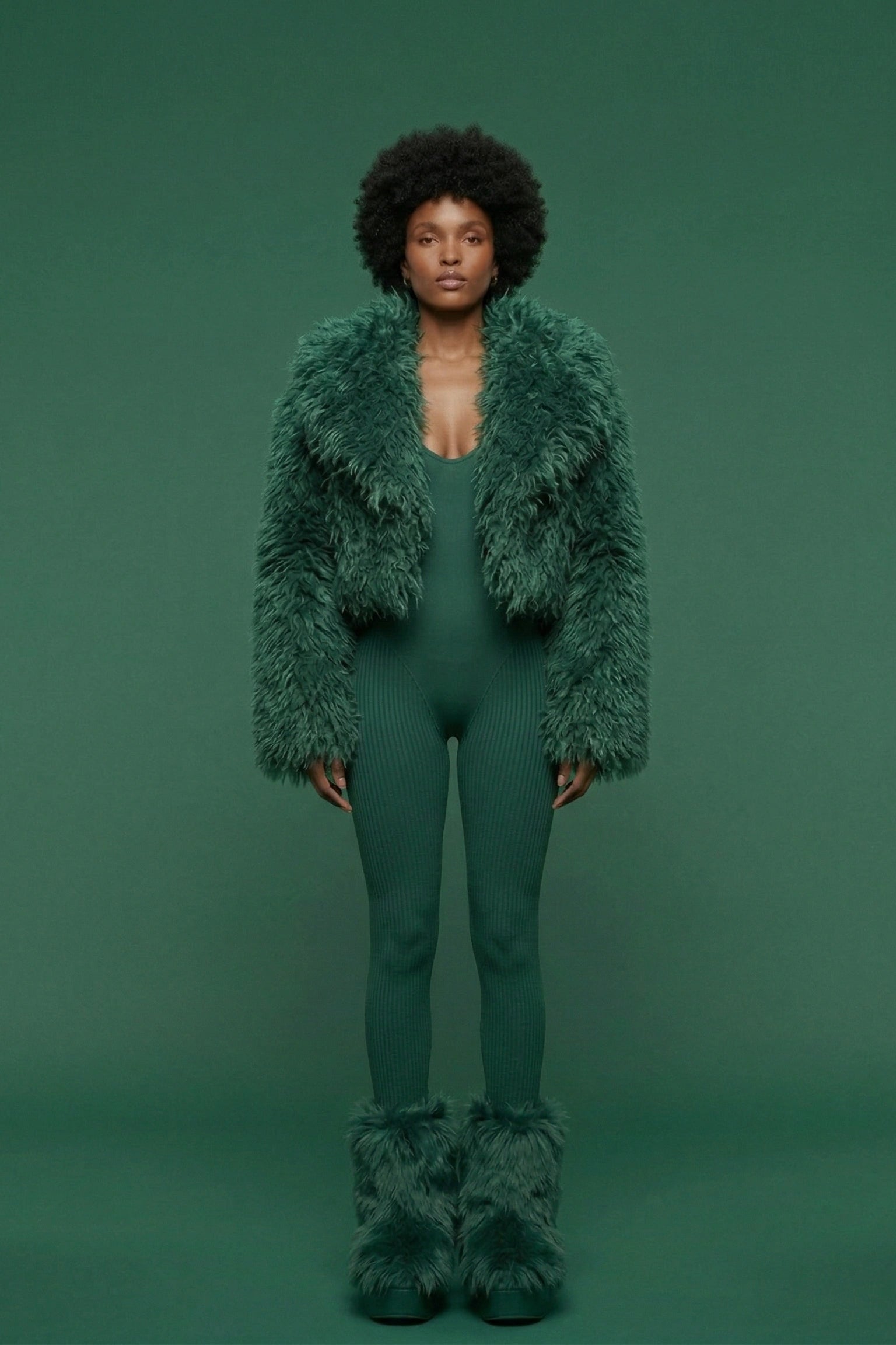 Emerald Shag Faux Fur 3-Piece Statement Set - Cropped Jacket, Ribbed Bodysuit & Matching Leg Warmers