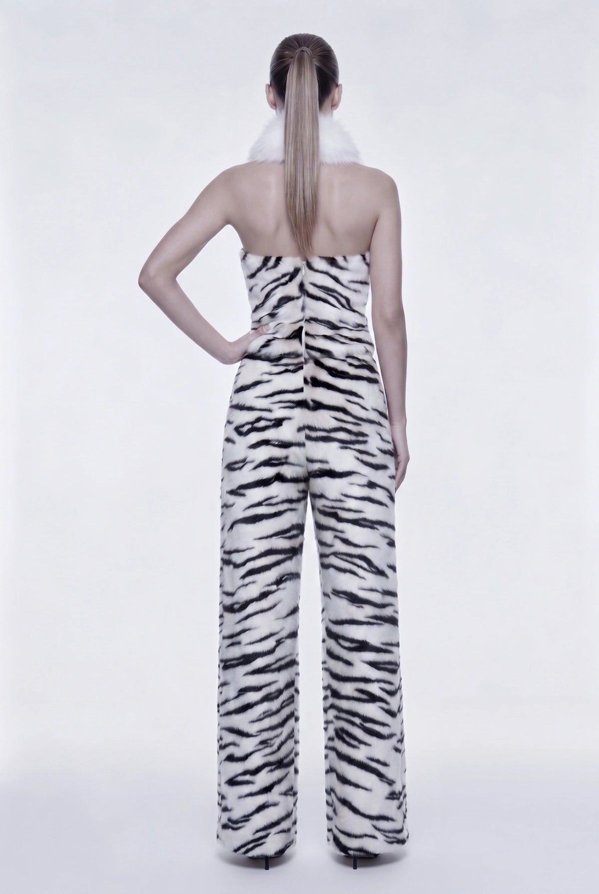 Black‑White Zebra Stripe Faux Fur Two‑Piece Outfit Halter Top + Wide Leg Trousers