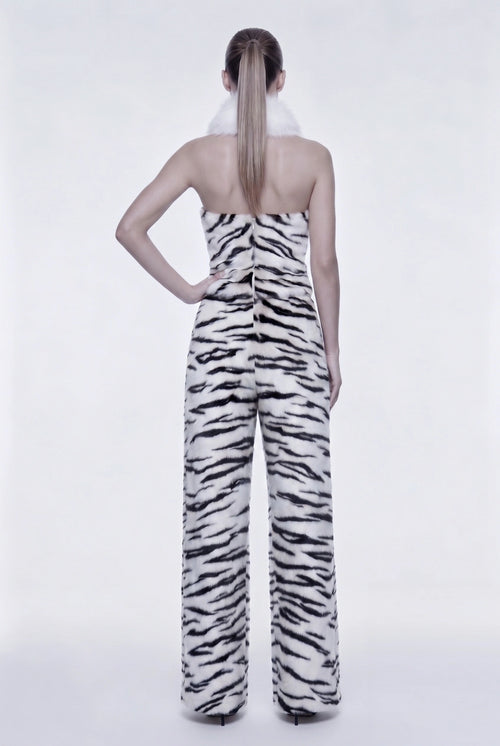 Black‑White Zebra Stripe Faux Fur Two‑Piece Outfit Halter Top + Wide Leg Trousers