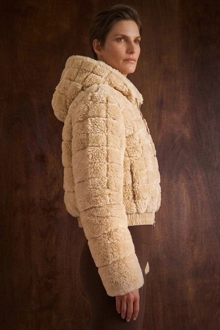 Women's Grid Textured Fleece Hoodie - Quilted Teddy Jacket with Full Zip