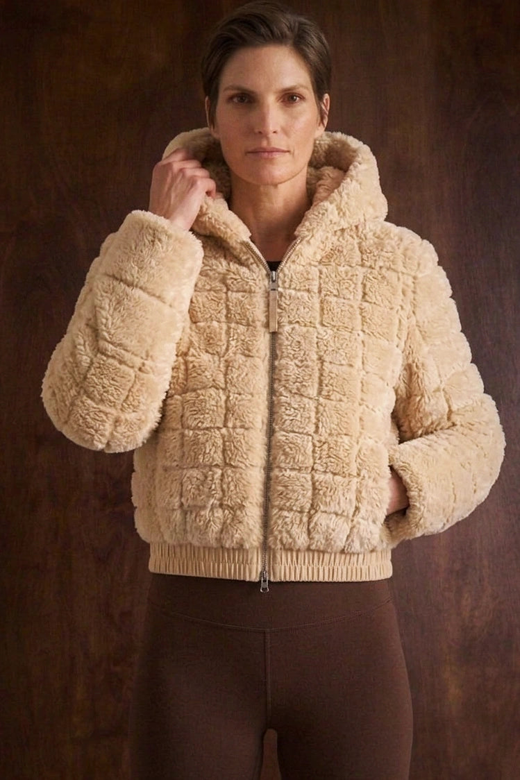 Women's Grid Textured Fleece Hoodie - Quilted Teddy Jacket with Full Zip