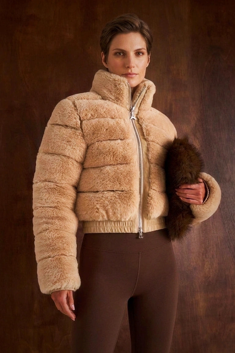 Women's Cropped Horizontal Quilted Faux Fur Jacket - Mock Neck Teddy Fleece