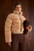 Women's Cropped Horizontal Quilted Faux Fur Jacket - Mock Neck Teddy Fleece