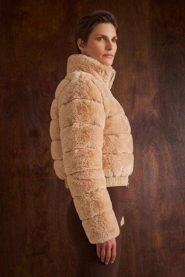 Women's Cropped Horizontal Quilted Faux Fur Jacket - Mock Neck Teddy Fleece