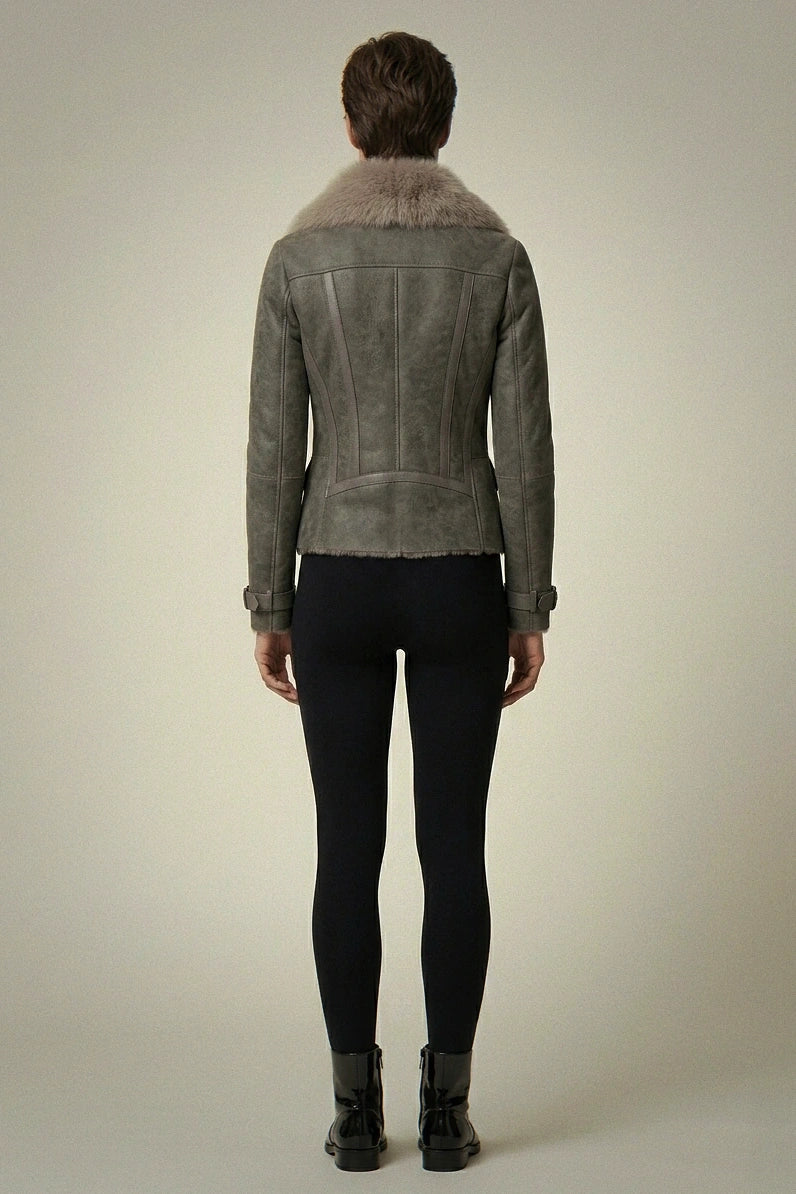 Premium Grey-Green Reversible Faux Shearling Jacket - Double-Faced Biker Coat with Large Fur Collar