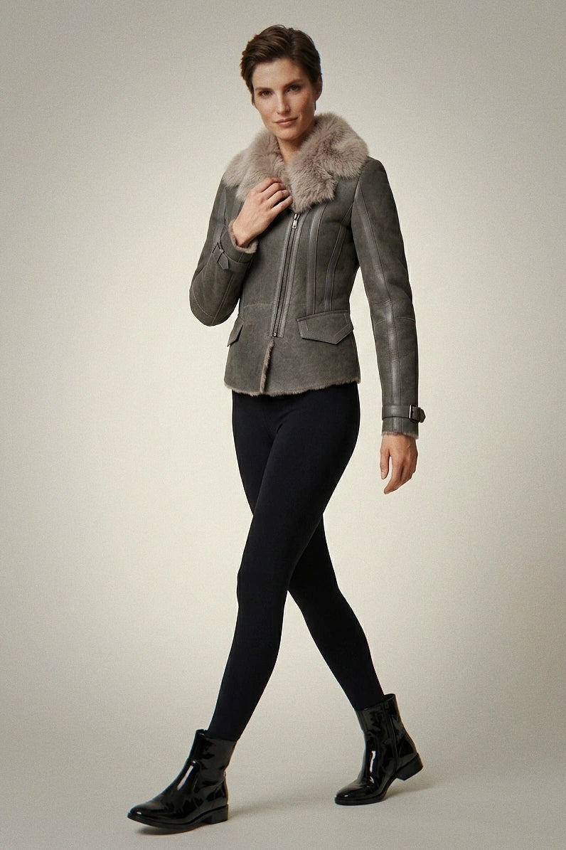 Premium Grey-Green Reversible Faux Shearling Jacket - Double-Faced Biker Coat with Large Fur Collar
