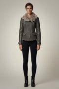 Premium Grey-Green Reversible Faux Shearling Jacket - Double-Faced Biker Coat with Large Fur Collar