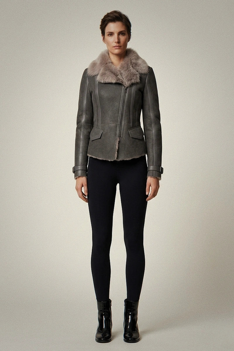 Premium Grey-Green Reversible Faux Shearling Jacket - Double-Faced Biker Coat with Large Fur Collar