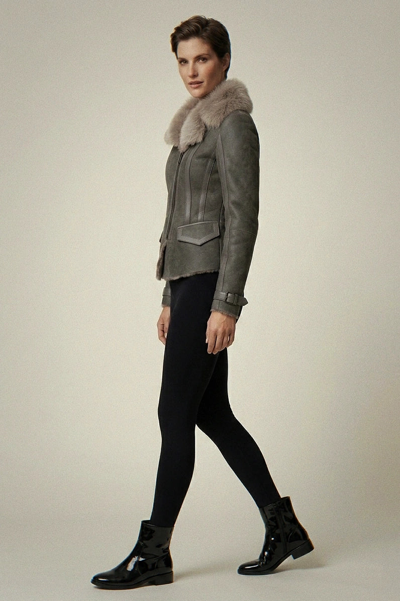 Premium Grey-Green Reversible Faux Shearling Jacket - Double-Faced Biker Coat with Large Fur Collar
