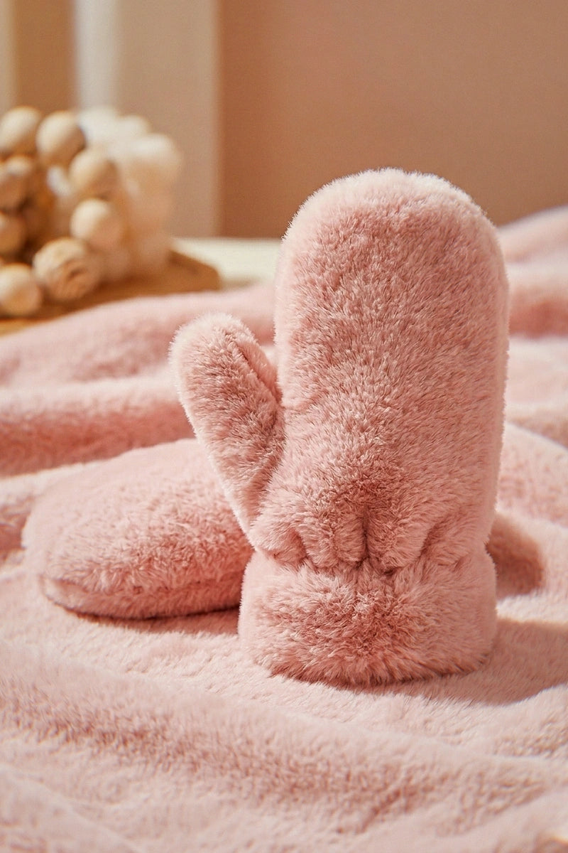 Ultra-Soft Faux Fur Winter Mittens - Thick Cozy Plush Hand Warmers in White & Pink