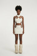 Ivory Sherpa Heart-Cutout 4-Piece Set - Harness Bra, Mini Skirt & Faux Fur Leg Warmers