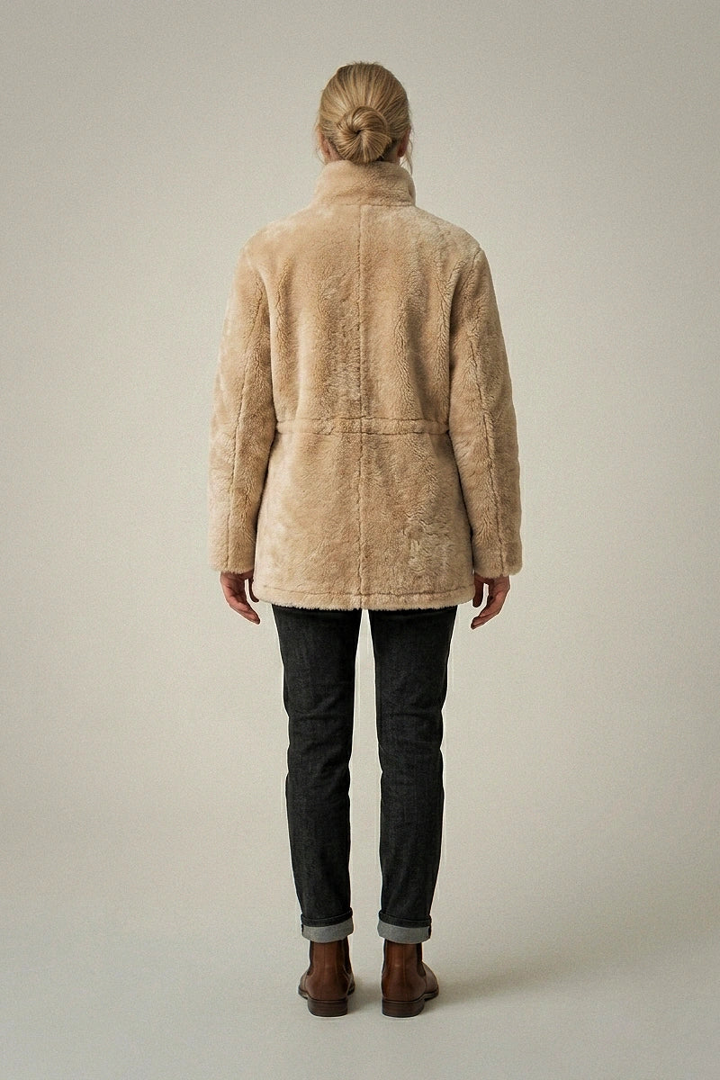 Reversible Black & Cream Faux Shearling Parka - Mid-Length Winter Jacket with Adjustable Waist