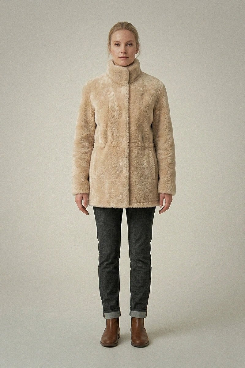 Reversible Black & Cream Faux Shearling Parka - Mid-Length Winter Jacket with Adjustable Waist