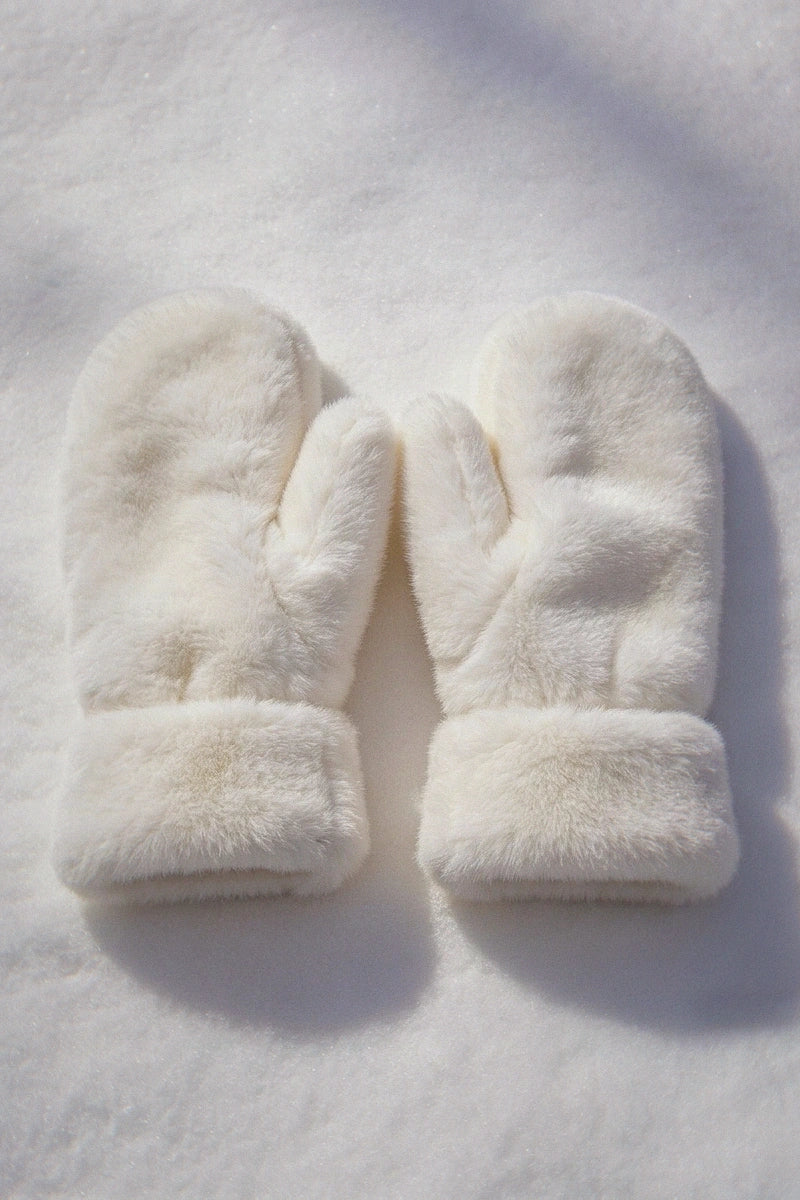 Ultra-Soft Faux Fur Winter Mittens - Thick Cozy Plush Hand Warmers in White & Pink