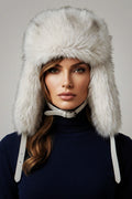Premium White & Grey Faux Fur Trapper Hat - Luxury Winter Ushanka with Leather Buckle Strap