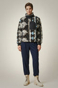 Abstract Print Teddy Fleece Jacket - Full-Zip Mock Neck Winter Coat for Women