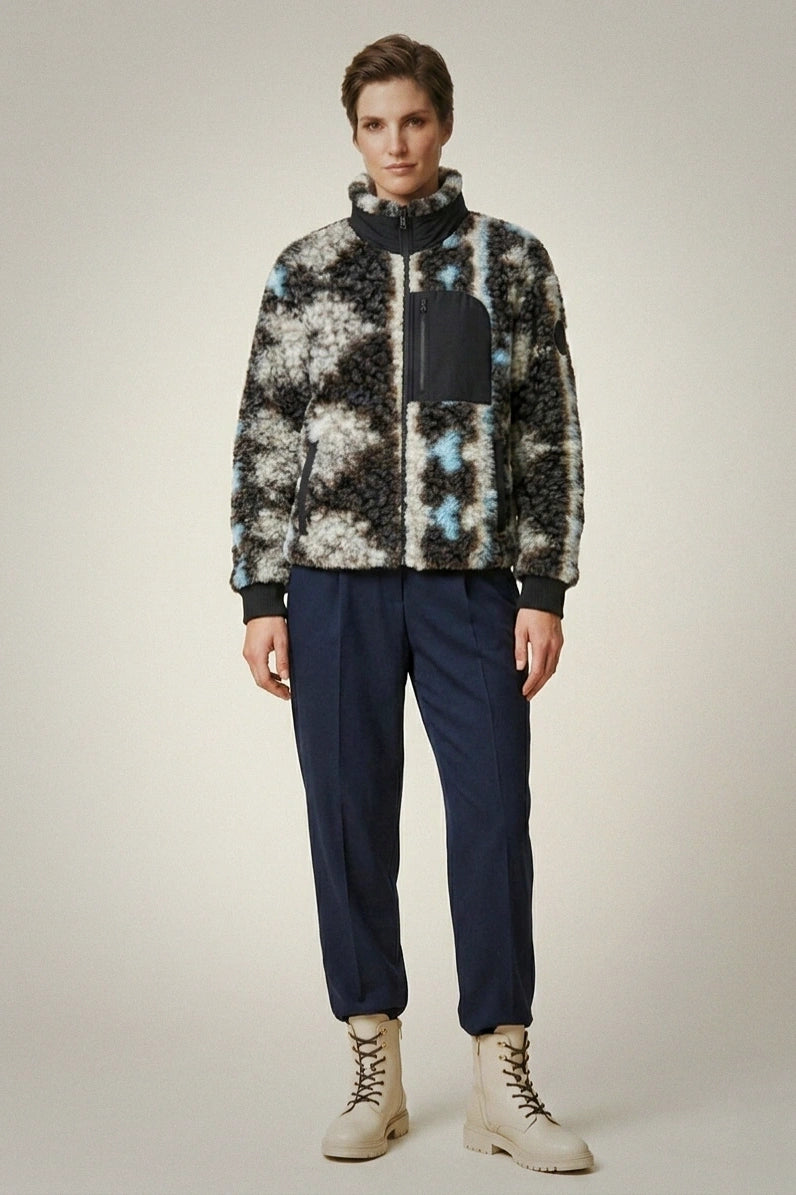 Abstract Print Teddy Fleece Jacket - Full-Zip Mock Neck Winter Coat for Women