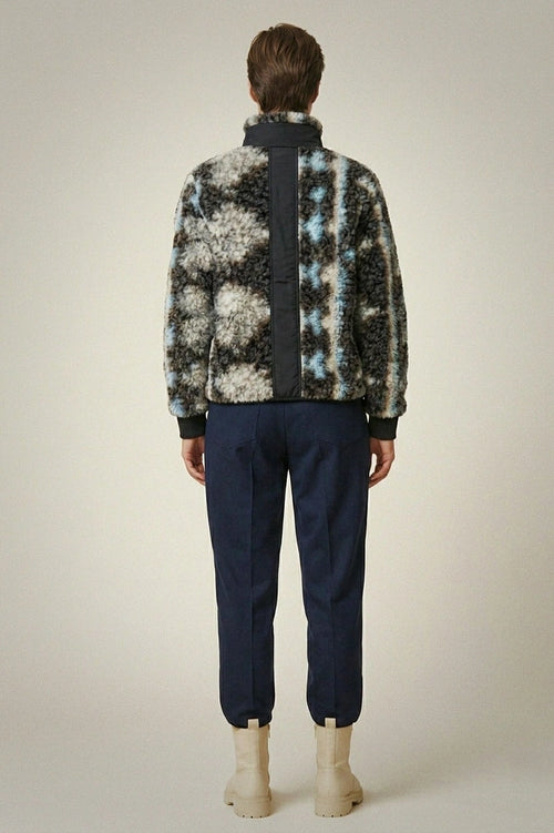 Abstract Print Teddy Fleece Jacket - Full-Zip Mock Neck Winter Coat for Women