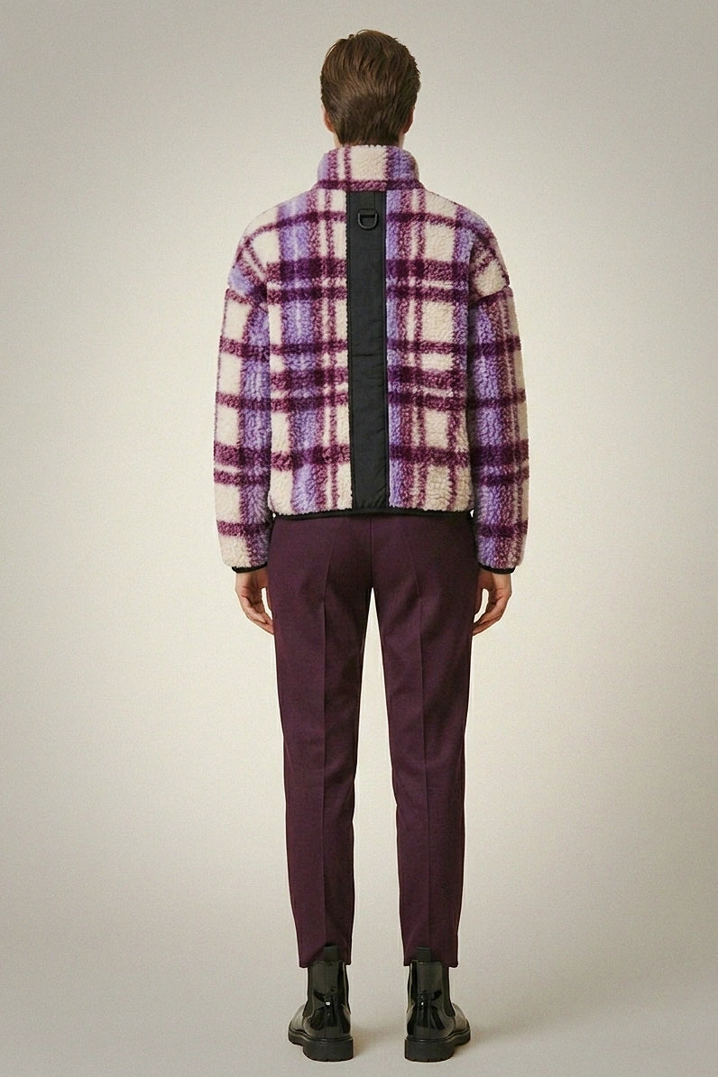 The Lavender Plaid Zip-Up | Cozy Checked Sherpa Jacket with Contrast Trim