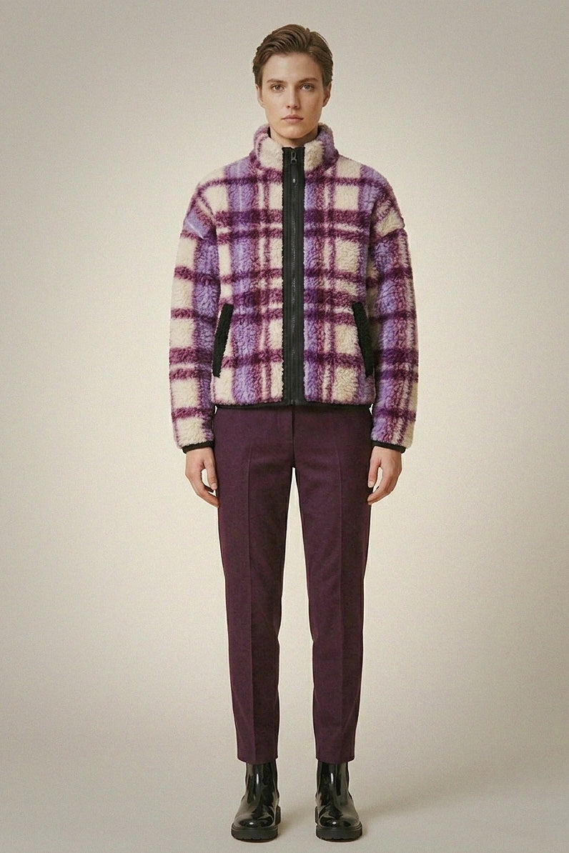 The Lavender Plaid Zip-Up | Cozy Checked Sherpa Jacket with Contrast Trim