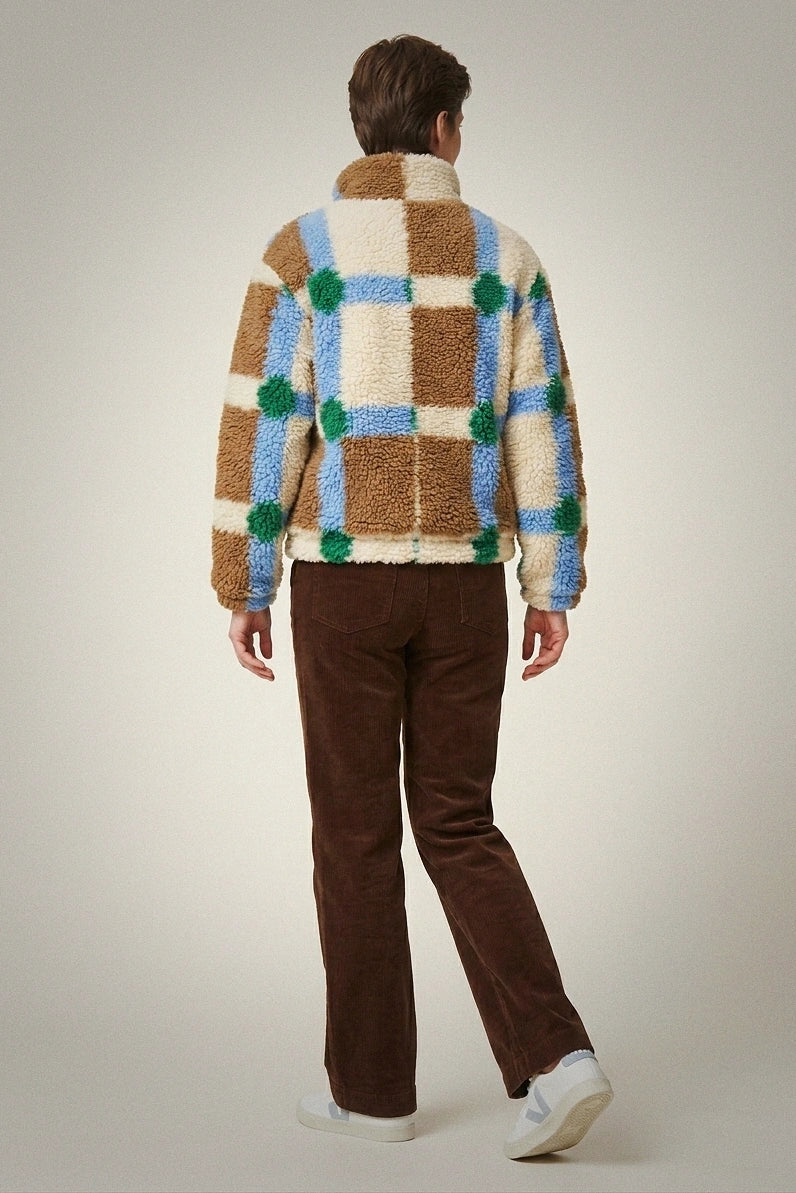 Women's Retro Checkered Fleece Jacket - Colorful Geometric Sherpa Zip-Up with Mock Neck