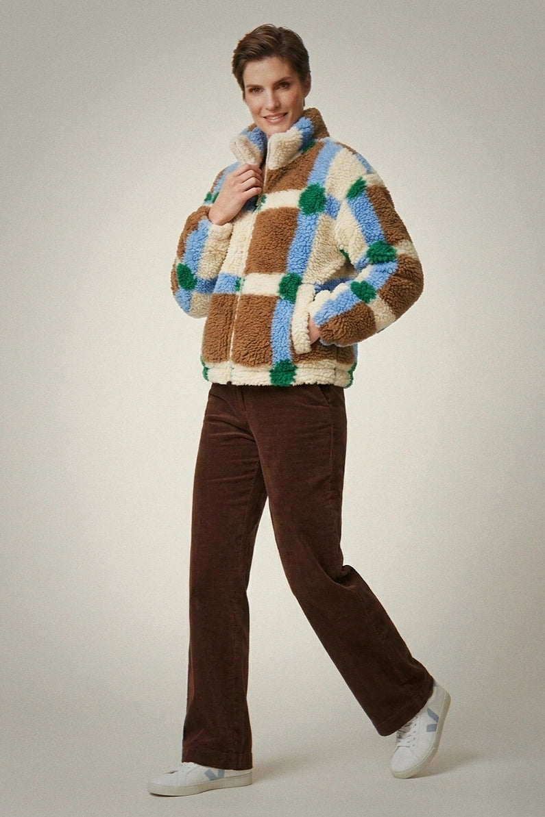 Women's Retro Checkered Fleece Jacket - Colorful Geometric Sherpa Zip-Up with Mock Neck
