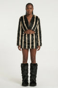 Zebra-Kunstfell 3-teiliges Set – Cropped Jacke, Minirock & Beinstulpen