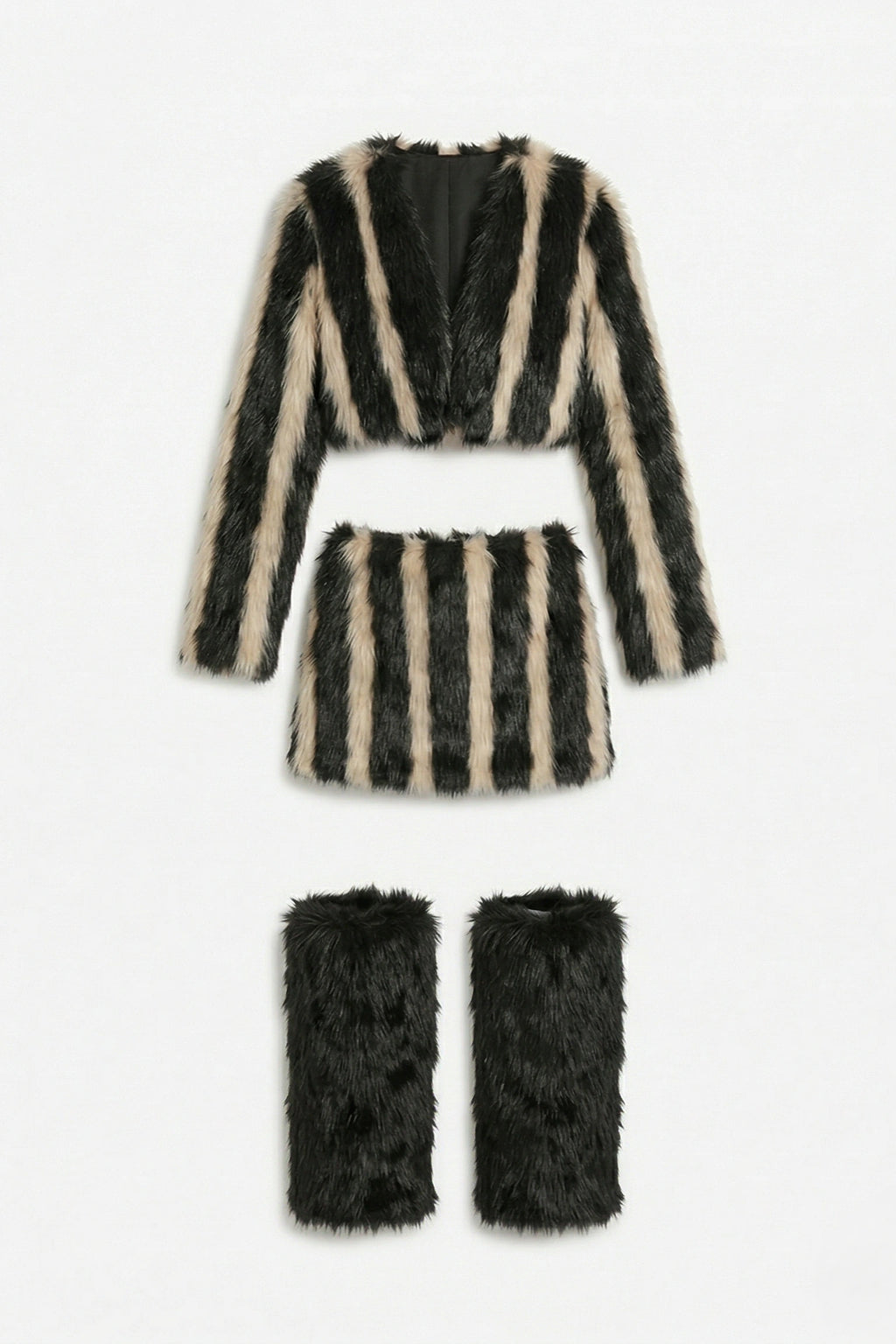 Zebra-Kunstfell 3-teiliges Set – Cropped Jacke, Minirock & Beinstulpen