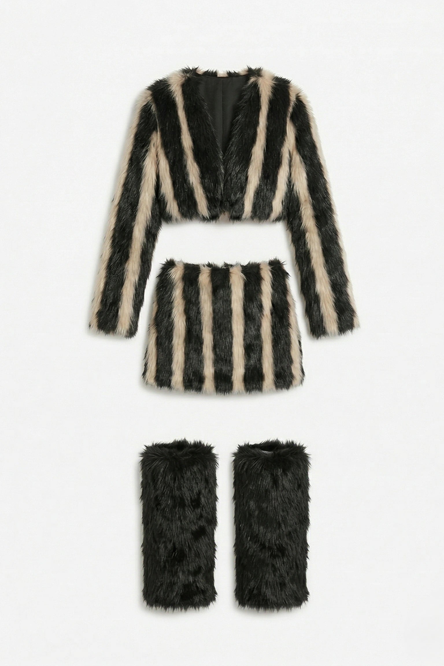 Zebra Faux Fur 3-Piece Set - Cropped Jacket, Mini Skirt & Leg Warmers